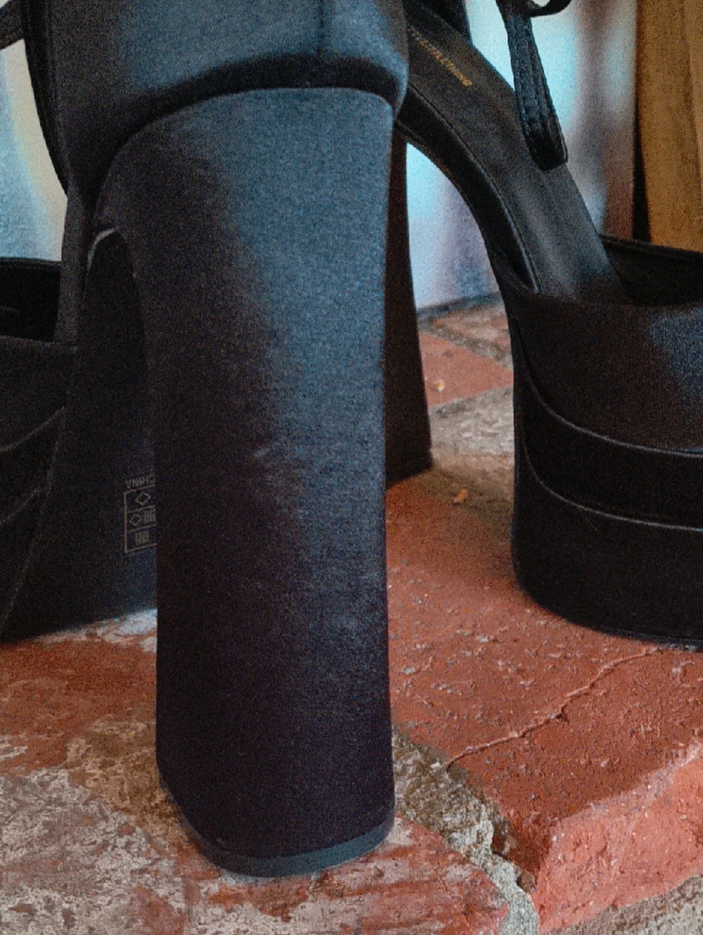 Triple-Strap Black Satin Platform Block Heels - Picture 8 of 11